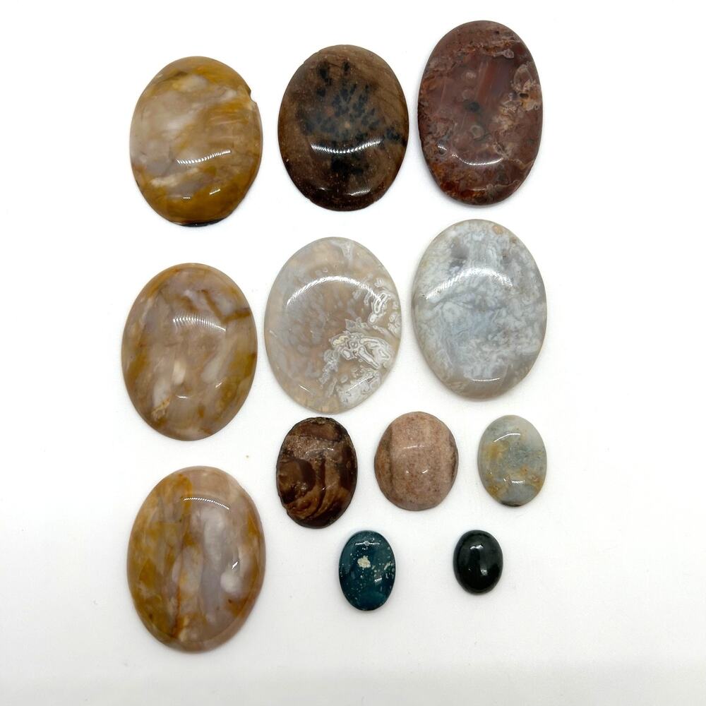 Assorted Cabochons Green Jasper, Agate, Harlequin Quartz Jewelry Making (12)